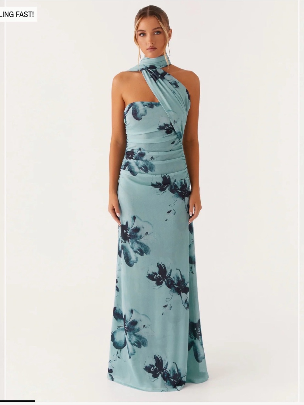 Songbird Maxi Dress /Aqua Floral One-Shoulder Evening Gown